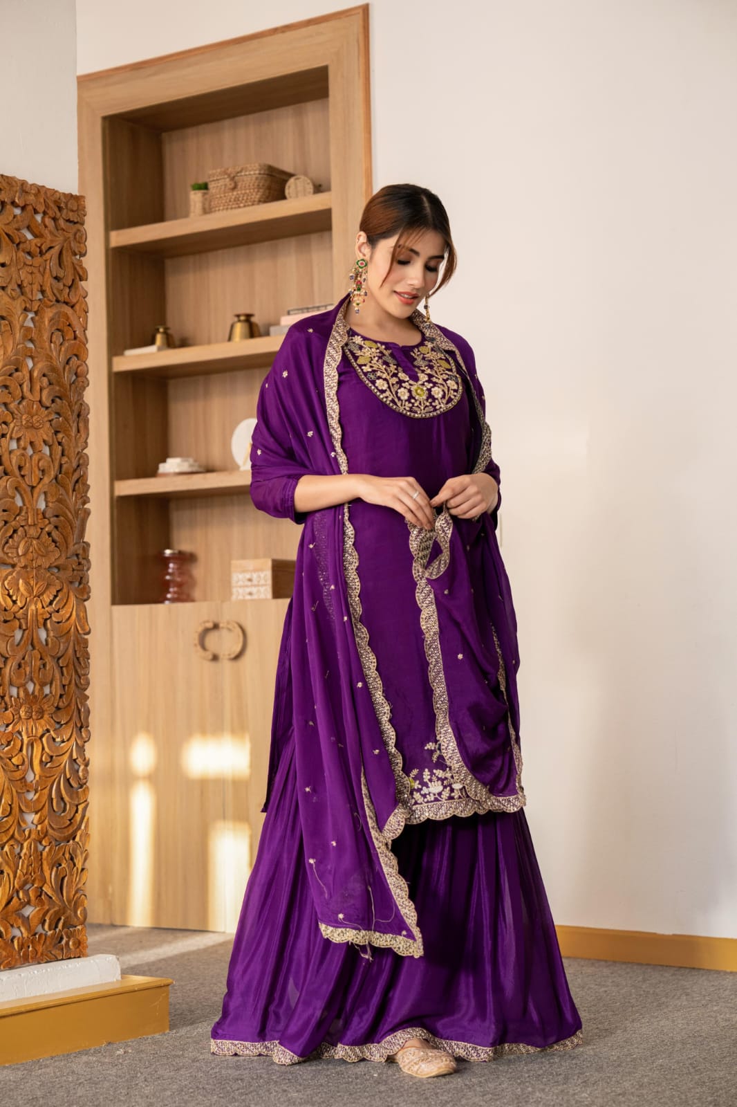 Zarkan Work 3-Piece Pure Crepe Sharara Suit Set - shiwangi couture