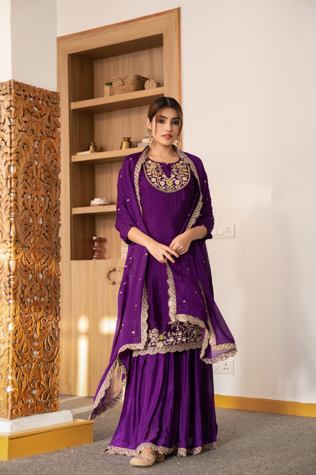 Zarkan Work 3-Piece Pure Crepe Sharara Suit Set - shiwangi couture