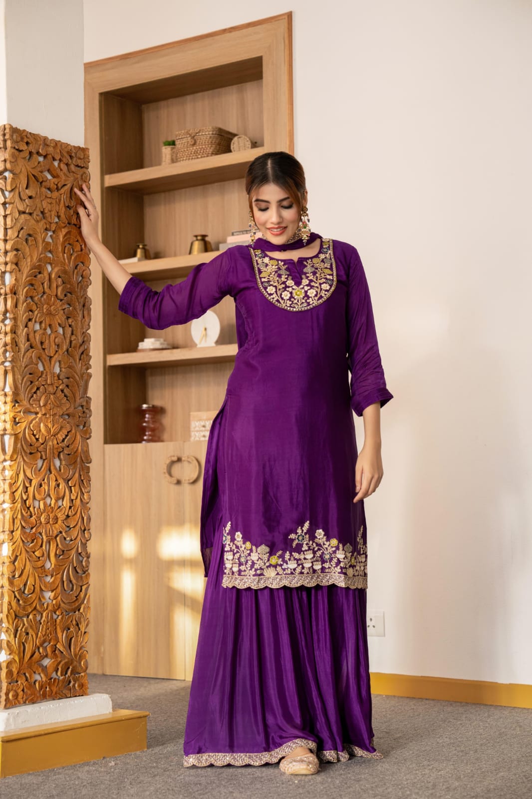 Zarkan Work 3-Piece Pure Crepe Sharara Suit Set - shiwangi couture