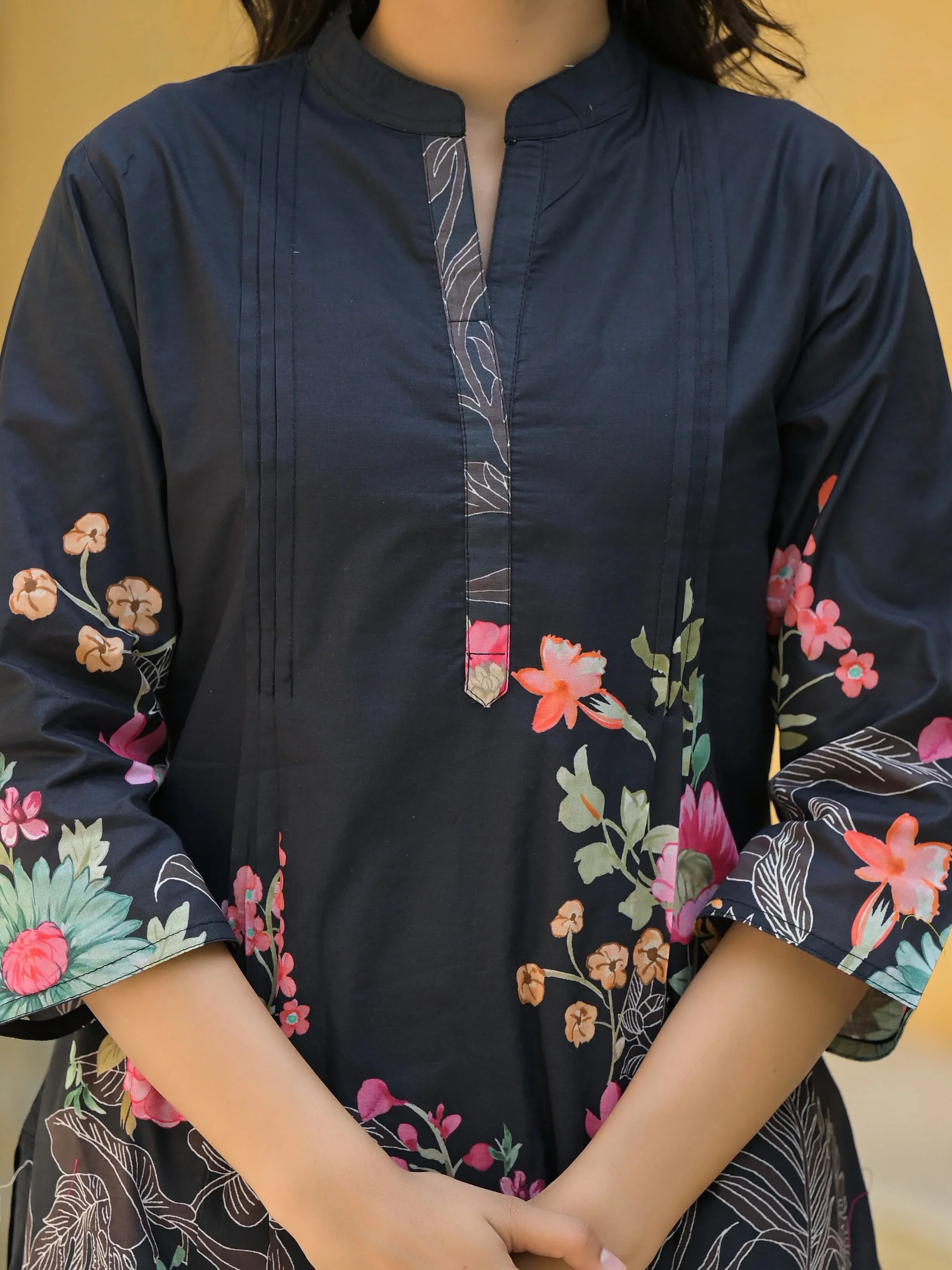 Black Cotton Co-ord Set with Colorful Flower Print - shiwangi couture
