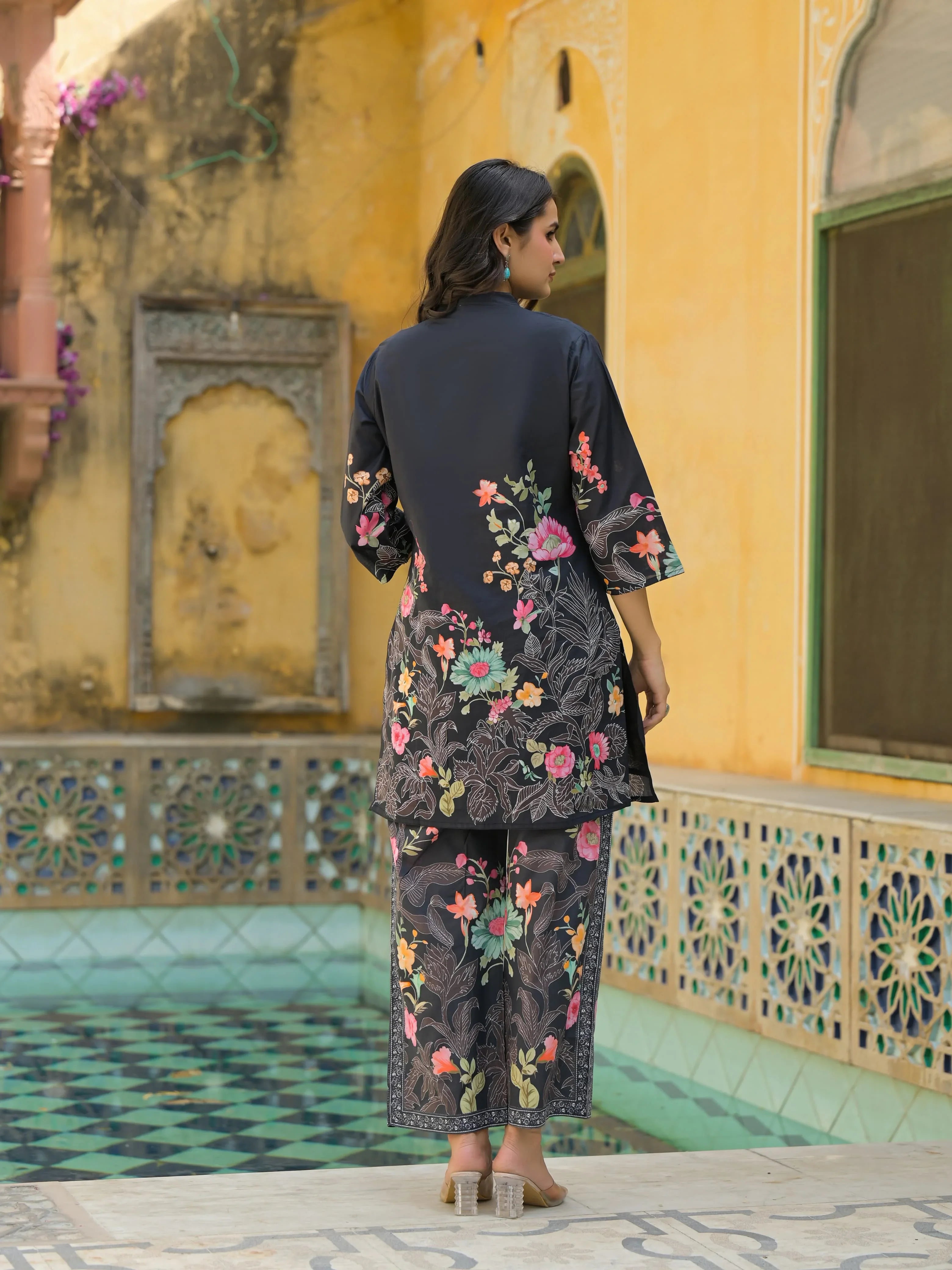 Black Cotton Co-ord Set with Colorful Flower Print - shiwangi couture