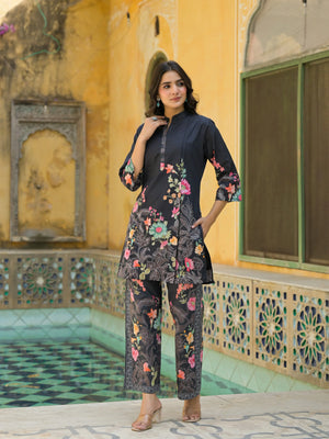 Black Cotton Co-ord Set with Colorful Flower Print - shiwangi couture