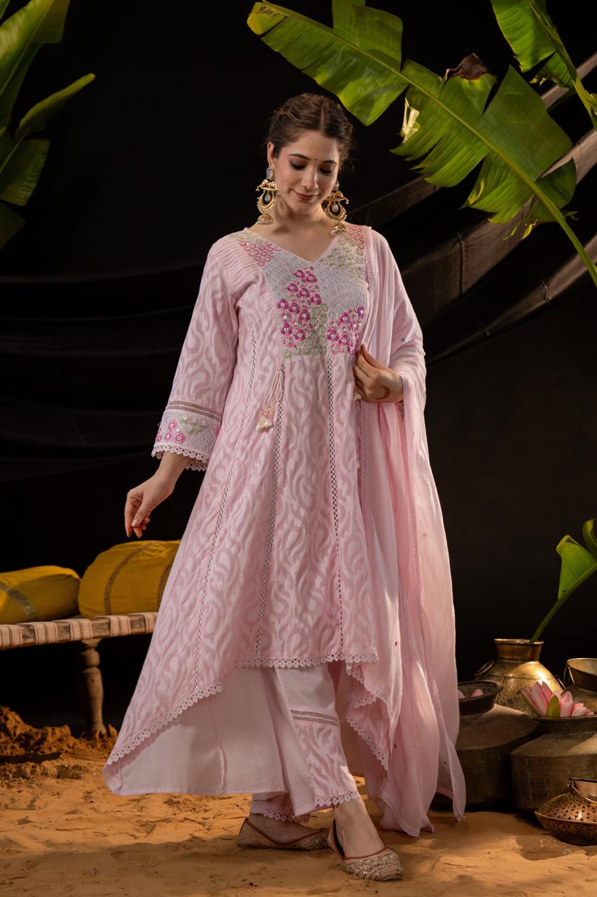Cotton Jaquard C - Cut Suit with Handwork and Embroidered Dupatta - shiwangi couture