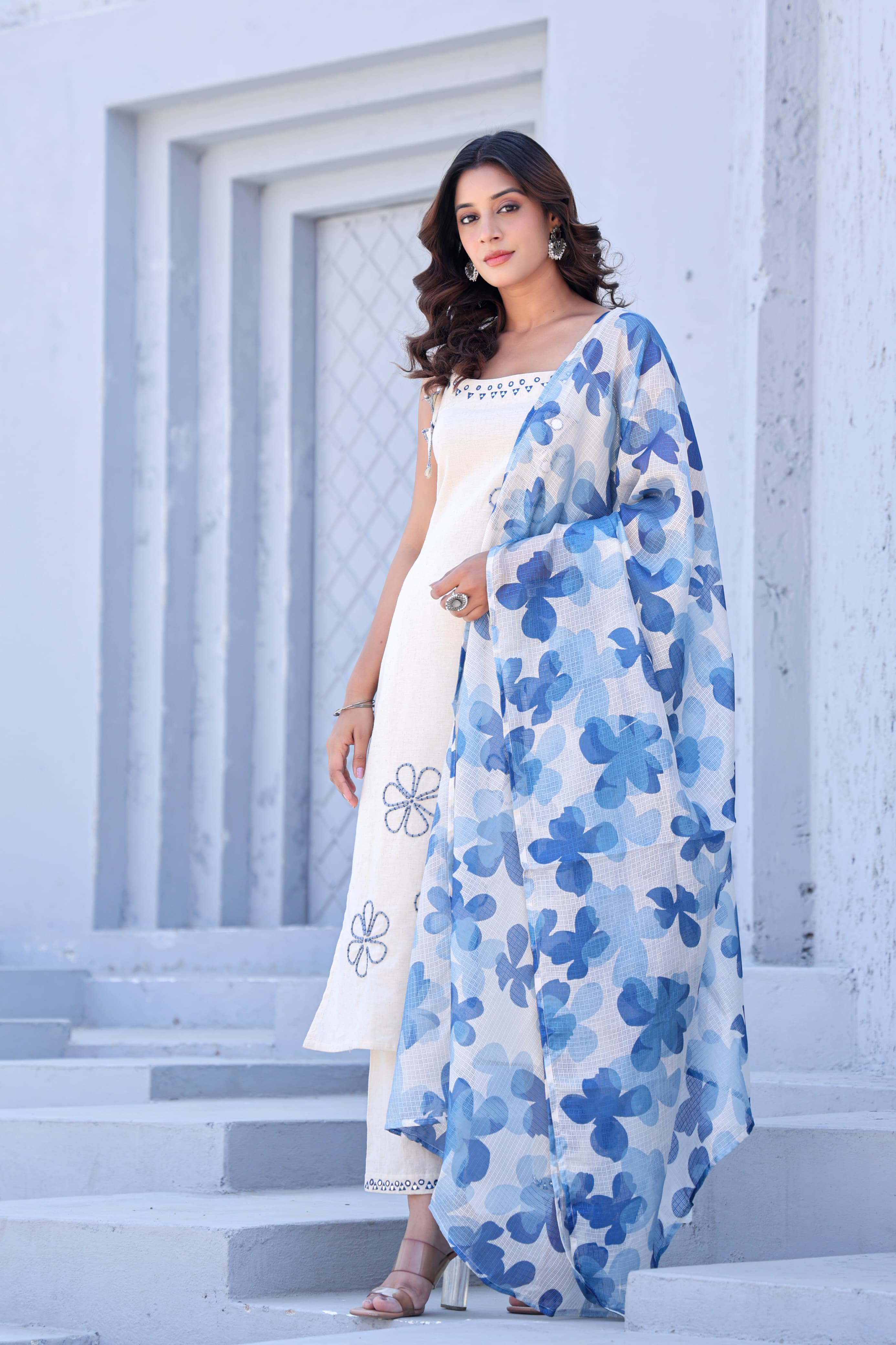 Khadi Cotton Noodle Strap Suit with Blue Floral Dupatta - shiwangi couture