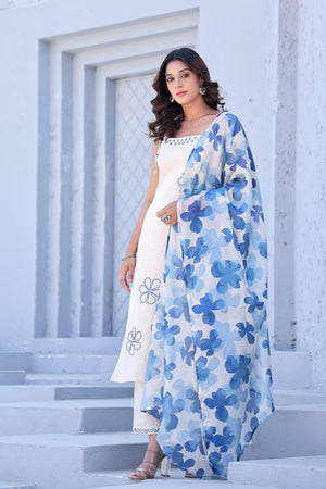 Khadi Cotton Noodle Strap Suit with Blue Floral Dupatta - shiwangi couture