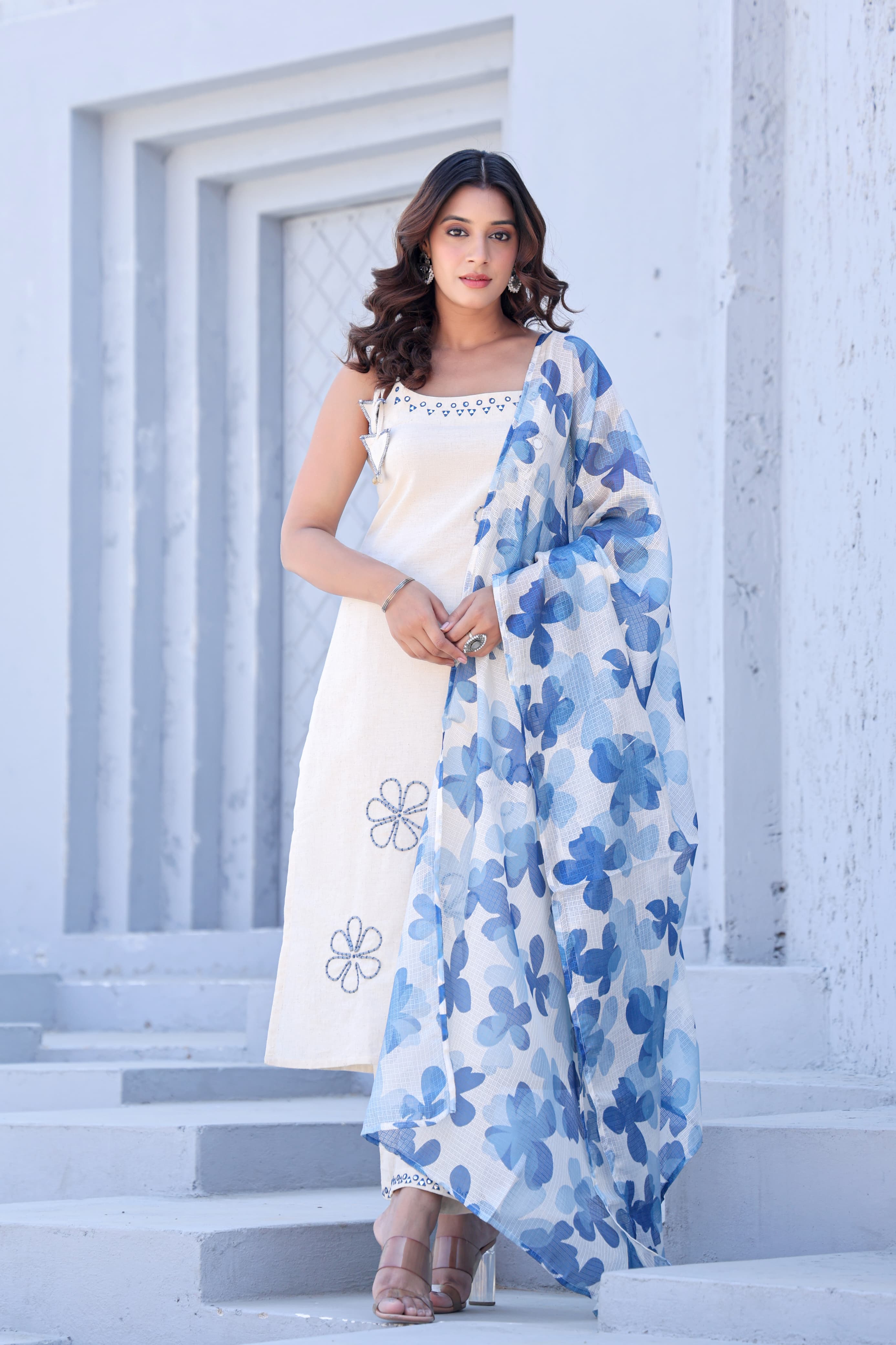Khadi Cotton Noodle Strap Suit with Blue Floral Dupatta - shiwangi couture