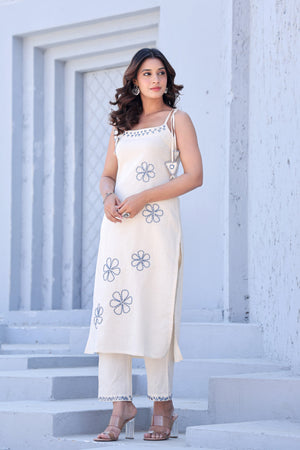 Khadi Cotton Noodle Strap Suit with Blue Floral Dupatta - shiwangi couture