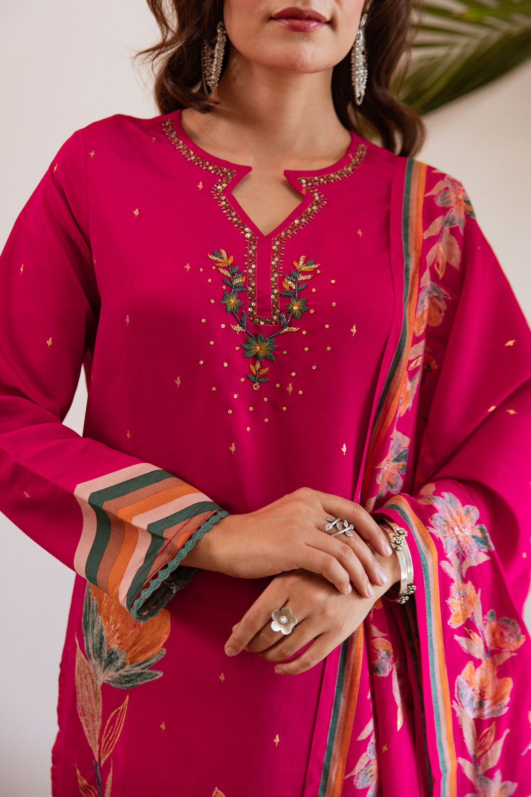 Magenta Modale Silk Suit Set with Printed Dupatta & Handwork Neckline - Shiwangi Couture