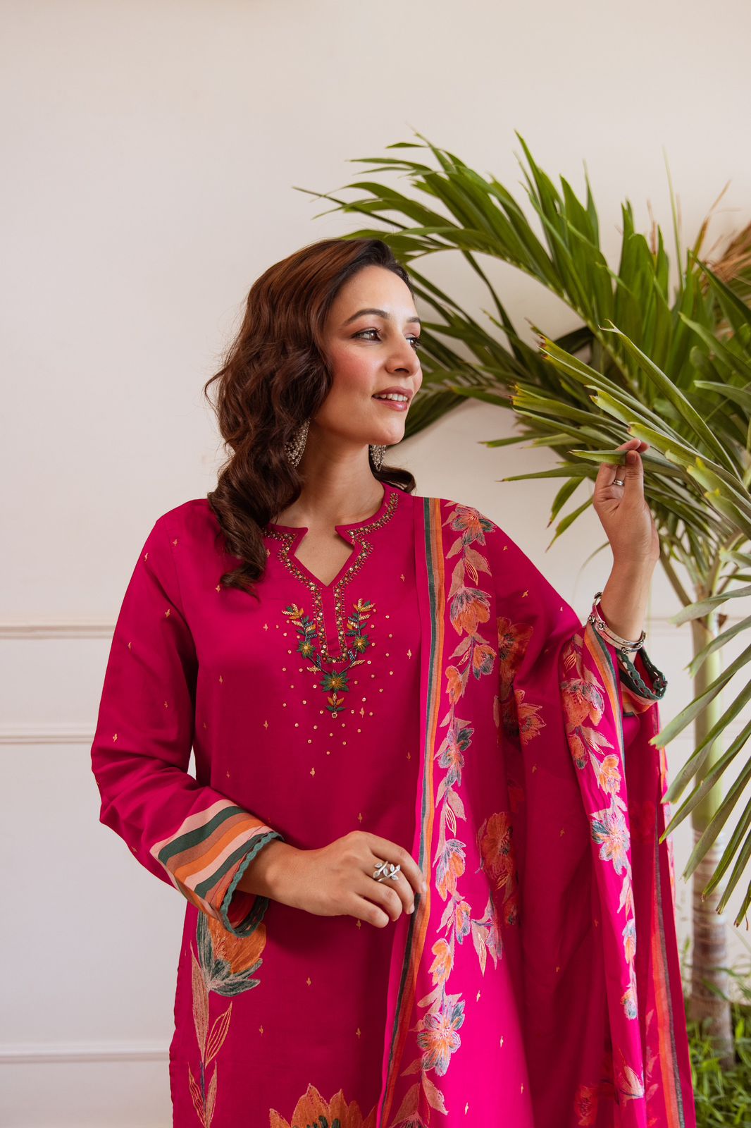 Magenta Modale Silk Suit Set with Printed Dupatta & Handwork Neckline - Shiwangi Couture
