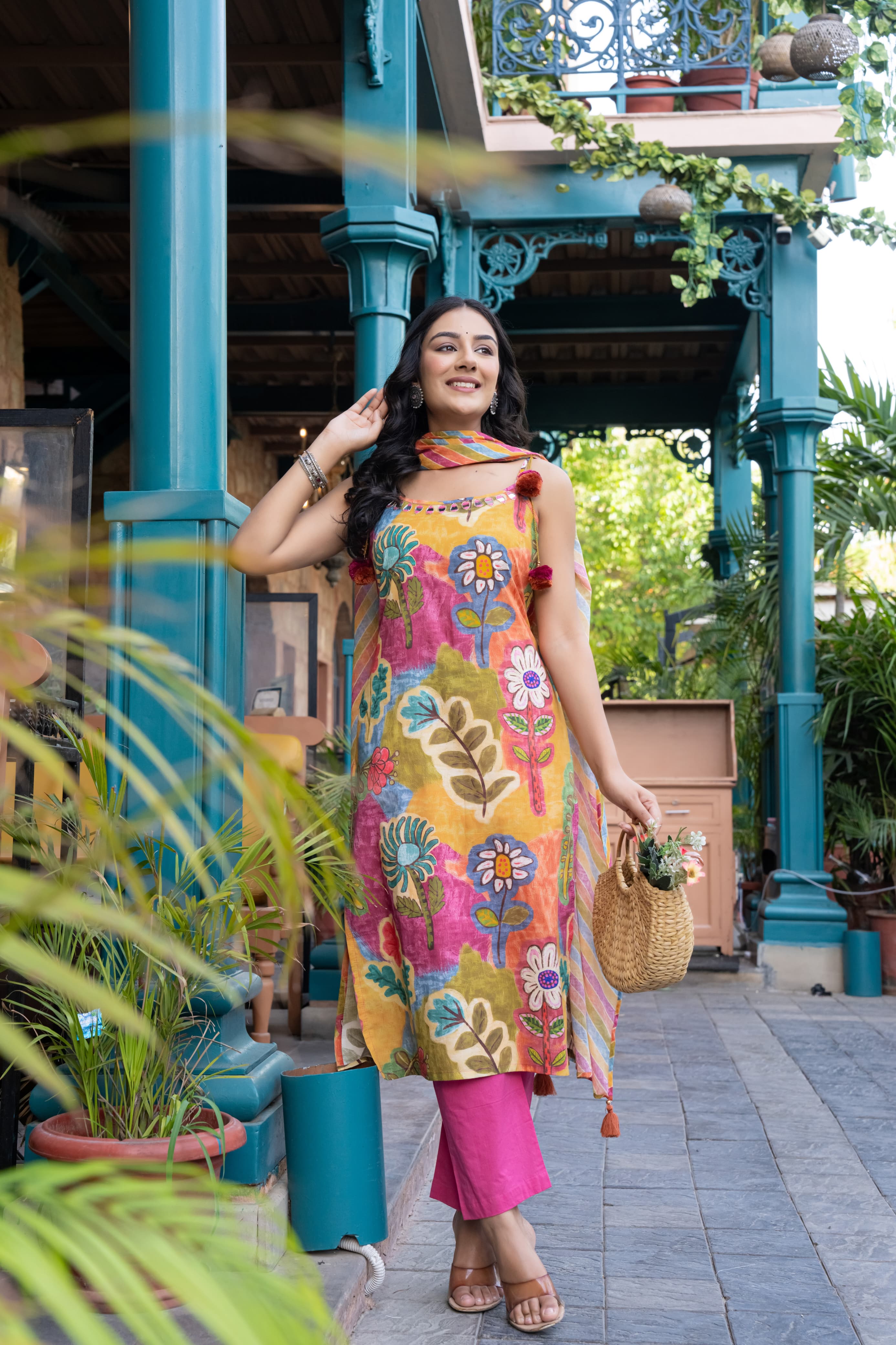 Multicolor Cotton Noodle Strap Suit with Dupatta - shiwangi couture