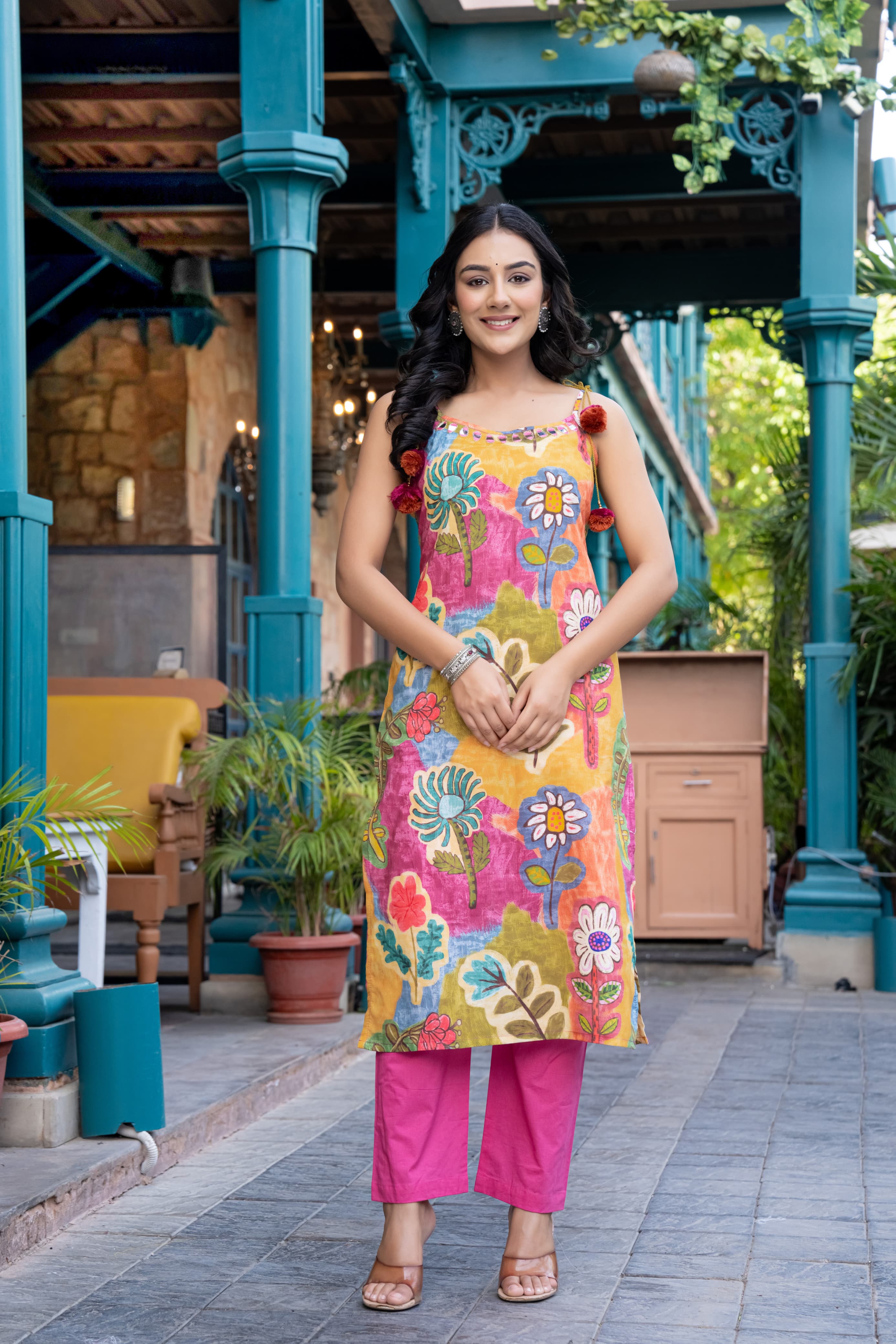 Multicolor Cotton Noodle Strap Suit with Dupatta - shiwangi couture
