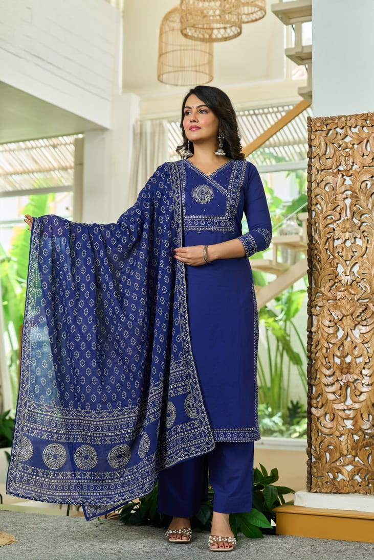 Navy Blue Bandhani Cotton Angrakha Suit Set - shiwangi couture