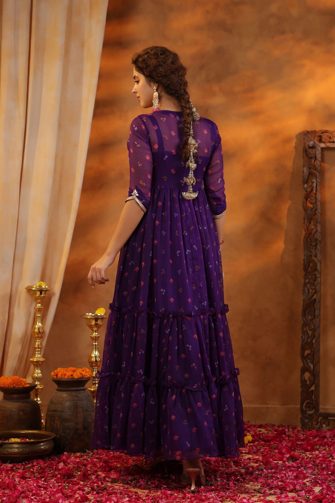 white christmas dresses Bandhani dress materials mango yellow with shibori prints & zardosi work  neck pattern and bottom & chiffon dupatta main image 1