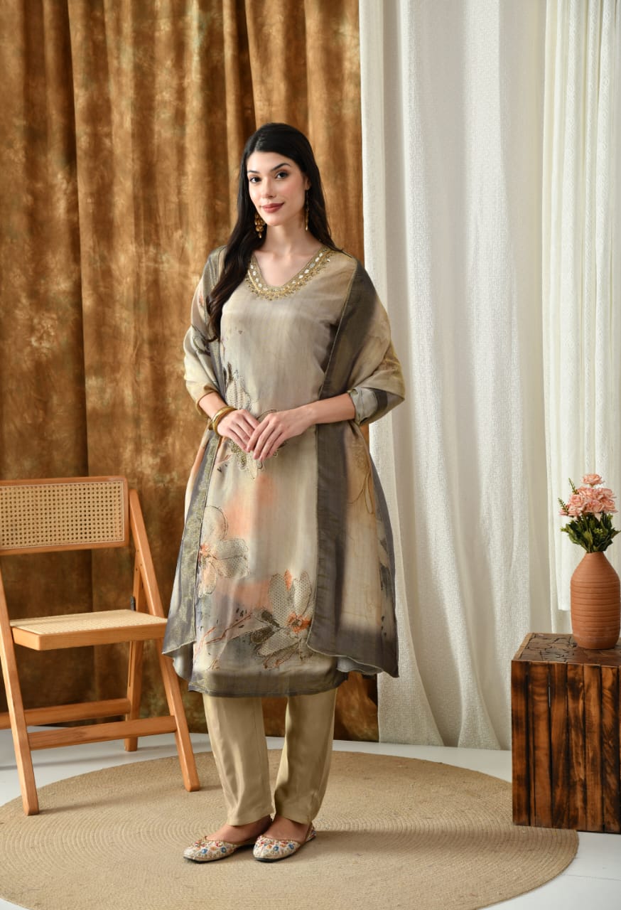 Tissue Shimmer Suit Set with Dupatta – Mirror Work Neckline - shiwangi couture