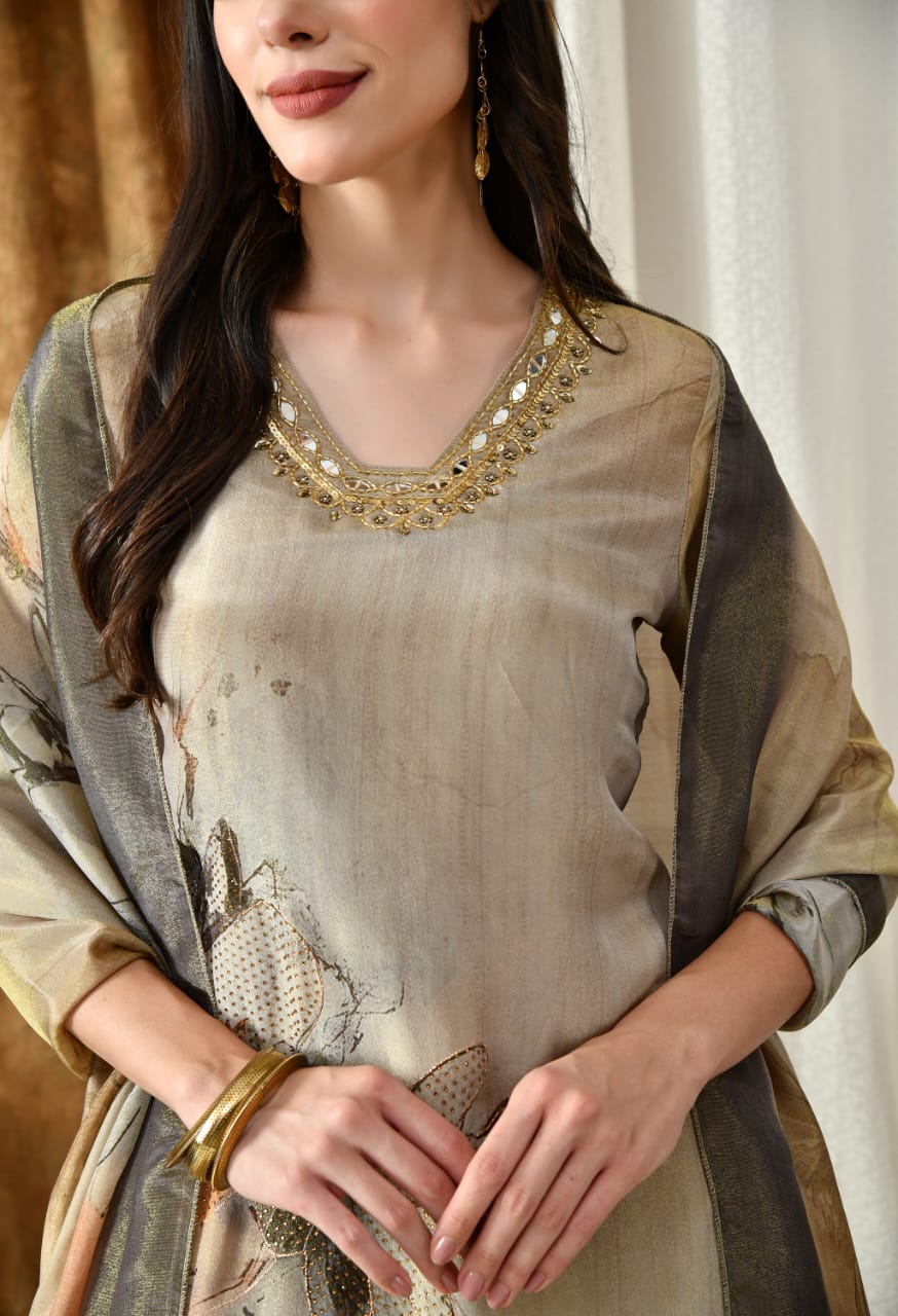 Tissue Shimmer Suit Set with Dupatta – Mirror Work Neckline - shiwangi couture