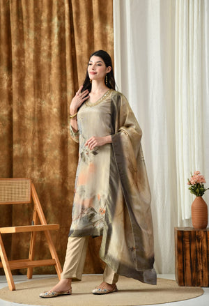 Tissue Shimmer Suit Set with Dupatta – Mirror Work Neckline - shiwangi couture